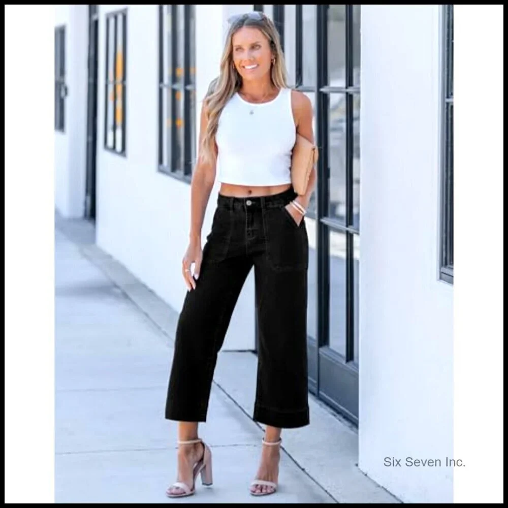 High Waisted Wide Leg Cropped Jeans Stretchy Denim Trendy Y2K Oversized